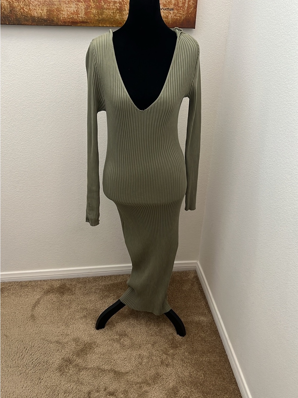 Ribbed V-Neck Long Sleeve Maxi Dress - Olive Green